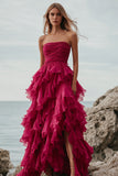 Fuchsia Organza Strapless Long Ball Gown Formal Dress with Ruffles