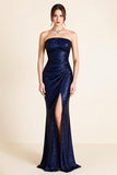 Sparkly Navy Strapless Long Mermaid Formal Dress with Slit