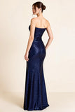 Sparkly Navy Strapless Long Mermaid Formal Dress with Slit