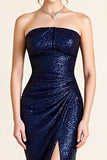 Sparkly Navy Strapless Long Mermaid Formal Dress with Slit