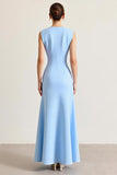 Sky Blue Satin Boat Neck Long Sheath Formal Dress with Slit