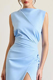 Sky Blue Satin Boat Neck Long Sheath Formal Dress with Slit