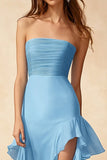 Sky Blue Chiffon Strapless Long Ruffled Formal Dress with Slit