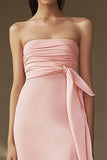 Pink Chiffon Strapless Sheath Ruched Long Formal Dress