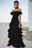 Black Chiffon Off The Shoulder A Line Ruffled Long Formal Dress