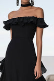 Black Chiffon Off The Shoulder A Line Ruffled Long Formal Dress