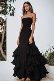 Black Chiffon Strapless A Line Ruffled Long Formal Dress