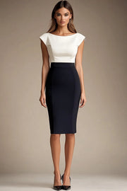 Black and White Satin Bodycon Round Neck Midi Formal Dress
