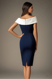 White and Navy Satin Off The Shoulder Bodycon Midi Work Dress