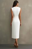 White Satin V-Neck Bodycon Midi Formal Dress with Sash