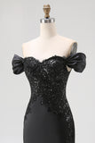 Black Off The Shoulder Mermaid Satin Long Formal Dress with Slit