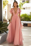 Pink A Line Chiffon Ruffled V Neck Long Wedding Guest Dress