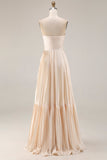 Champagne A Line Strapless Pleated Long Wedding Guest Dress