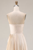 Champagne A Line Strapless Pleated Long Wedding Guest Dress