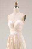 Champagne A Line Strapless Pleated Long Wedding Guest Dress