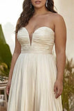 Champagne Pleated Strapless A Line Long Plus Size Wedding Guest Dress