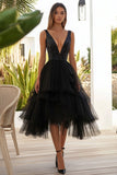 Black Sequin V Neck A Line Tulle Midi Formal Dress