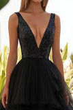 Black Sequin V Neck A Line Tulle Midi Formal Dress