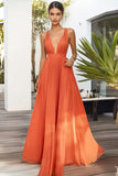 Orange Chiffon V Neck A Line Pleated Long Wedding Guest Dress