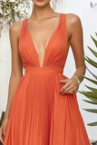 Orange Chiffon V Neck A Line Pleated Long Wedding Guest Dress