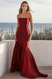 Burgundy Mermaid Strapless Satin Long Wedding Guest Dress