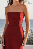 Burgundy Mermaid Strapless Satin Long Wedding Guest Dress