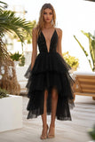 Black A Line Deep V Neck Sequin High-Low Wedding Guest Dress