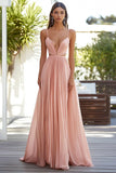 Pink A Line Spaghetti Straps Pleated Long Wedding Guest Dress