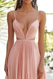 Pink A Line Spaghetti Straps Pleated Long Wedding Guest Dress