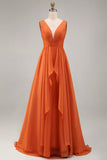 Orange Ruffled A Line Chiffon V Neck Long Formal Dress