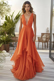 Orange Ruffled A Line Chiffon V Neck Long Wedding Guest Dress
