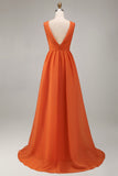 Orange Ruffled A Line Chiffon V Neck Long Formal Dress
