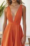 Orange Ruffled A Line Chiffon V Neck Long Wedding Guest Dress