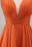 Orange Ruffled A Line Chiffon V Neck Long Formal Dress