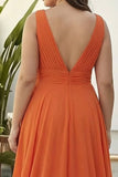 Orange Ruffled V Neck A Line Chiffon Long Plus Size Wedding Guest Dress
