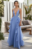 Blue V Neck Ruffled A Line Long Wedding Guest Dress