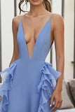 Blue V Neck Ruffled A Line Long Wedding Guest Dress