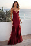 Burgundy Mermaid Chiffon Spaghetti Straps Long Wedding Guest Dress