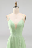 Pink Chiffon A Line Spaghetti Straps Pleated Long Wedding Guest Dress