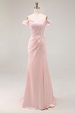 Pink Mermaid Off the Shoulder Long Formal Dress with Appliques