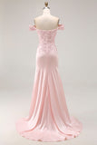 Pink Mermaid Off the Shoulder Long Formal Dress with Appliques