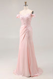 Pink Mermaid Off the Shoulder Long Formal Dress with Appliques