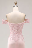 Pink Mermaid Off the Shoulder Long Formal Dress with Appliques