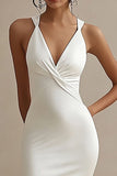 White Satin Mermaid V Neck Long Formal Dress with Slit