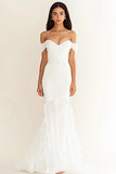 White Chiffon Off the Shoulder Mermaid Pleated Long Formal Dress