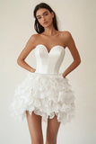 Strapless White A Line Tiered Ruffled Satin Short Graduation Dress