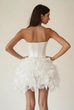 Strapless White A Line Tiered Ruffled Satin Short Graduation Dress