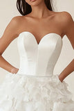 Strapless White A Line Tiered Ruffled Satin Short Graduation Dress