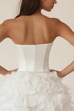 Strapless White A Line Tiered Ruffled Satin Short Graduation Dress