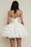 Strapless Ruffled Satin A Line White Tiered Short Graduation Dress